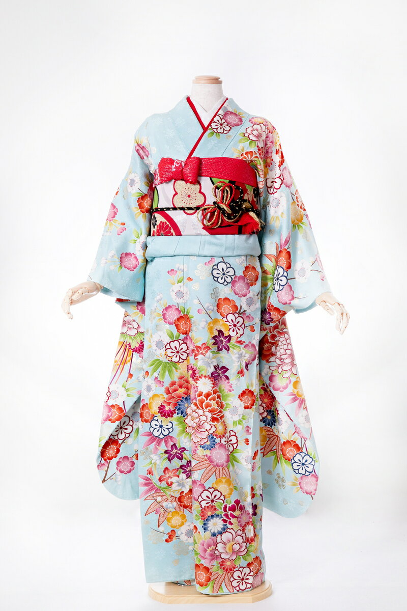 振袖 レンタル furi067 水色地に四季花盛り水色 ピンク 赤 レッド 振り袖 ふりそで furisode 振袖セット フルセット 往復送料無料 結婚式 披露宴 卒業式 結納 和服 着物 kimono 貸衣装 お呼ばれ パーティ 【2月〜11月レンタル】