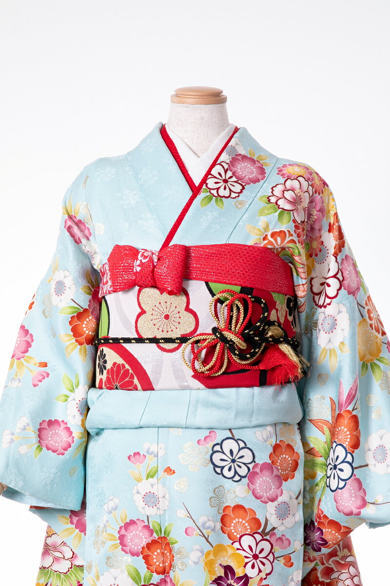 振袖 レンタル furi067 水色地に四季花盛り水色 ピンク 赤 レッド 振り袖 ふりそで furisode 振袖セット フルセット 往復送料無料 結婚式 披露宴 卒業式 結納 和服 着物 kimono 貸衣装 お呼ばれ パーティ 【2月〜11月レンタル】