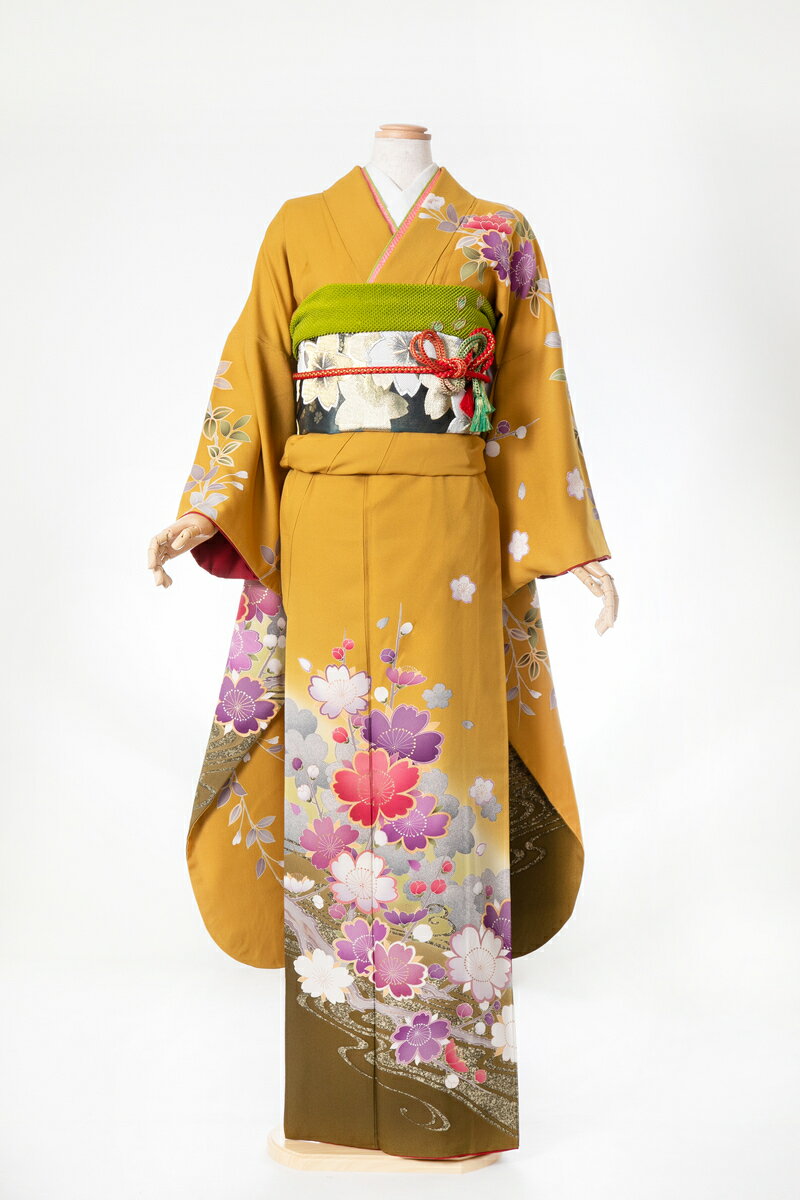 【レンタル】 振袖 furi072 からし桜模様 からし色 黄色 イエロー レトロ 振り袖 ふりそで furisode 振袖セット フルセット 往復送料無料 結婚式 披露宴 卒業式 結納 和服 着物 kimono 貸衣装 お呼ばれ パーティ 【2月〜11月レンタル】