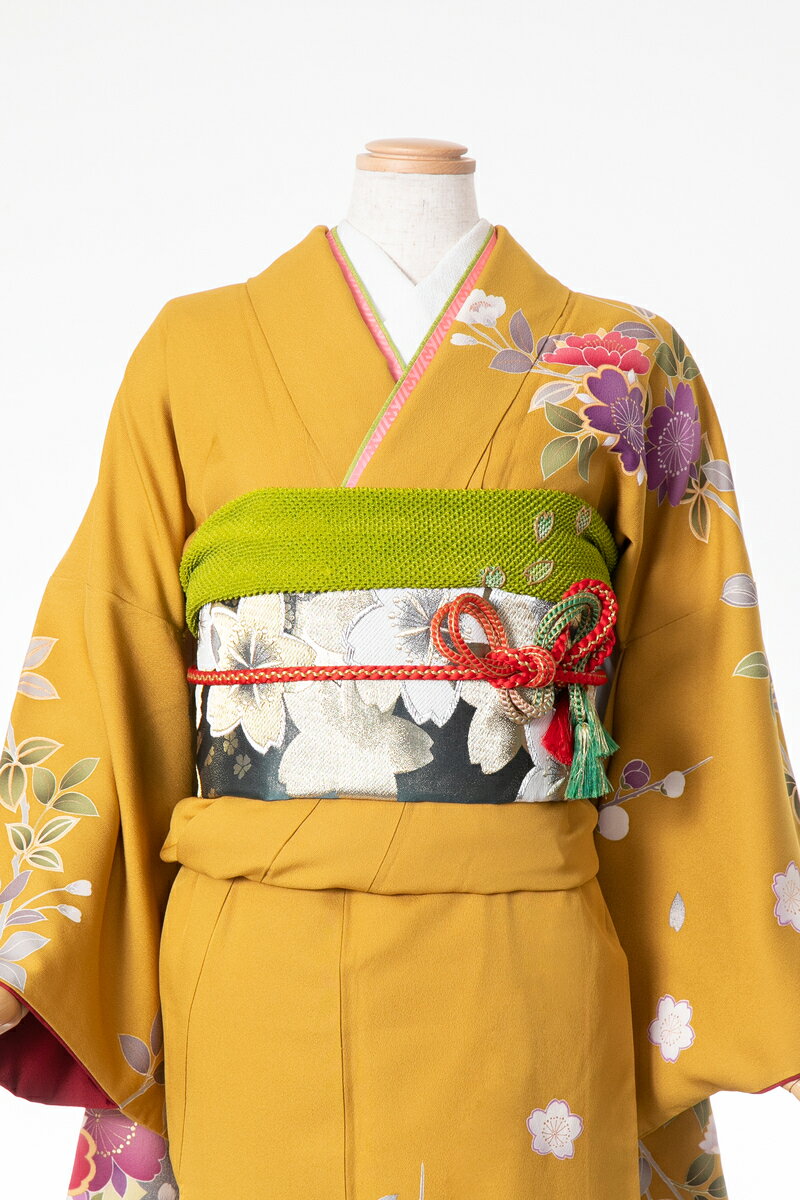 振袖 レンタル furi072 からし桜模様 からし色 黄色 イエロー レトロ 振り袖 ふりそで furisode 振袖セット フルセット 往復送料無料 結婚式 披露宴 卒業式 結納 和服 着物 kimono 貸衣装 お呼ばれ パーティ 【2月〜11月レンタル】