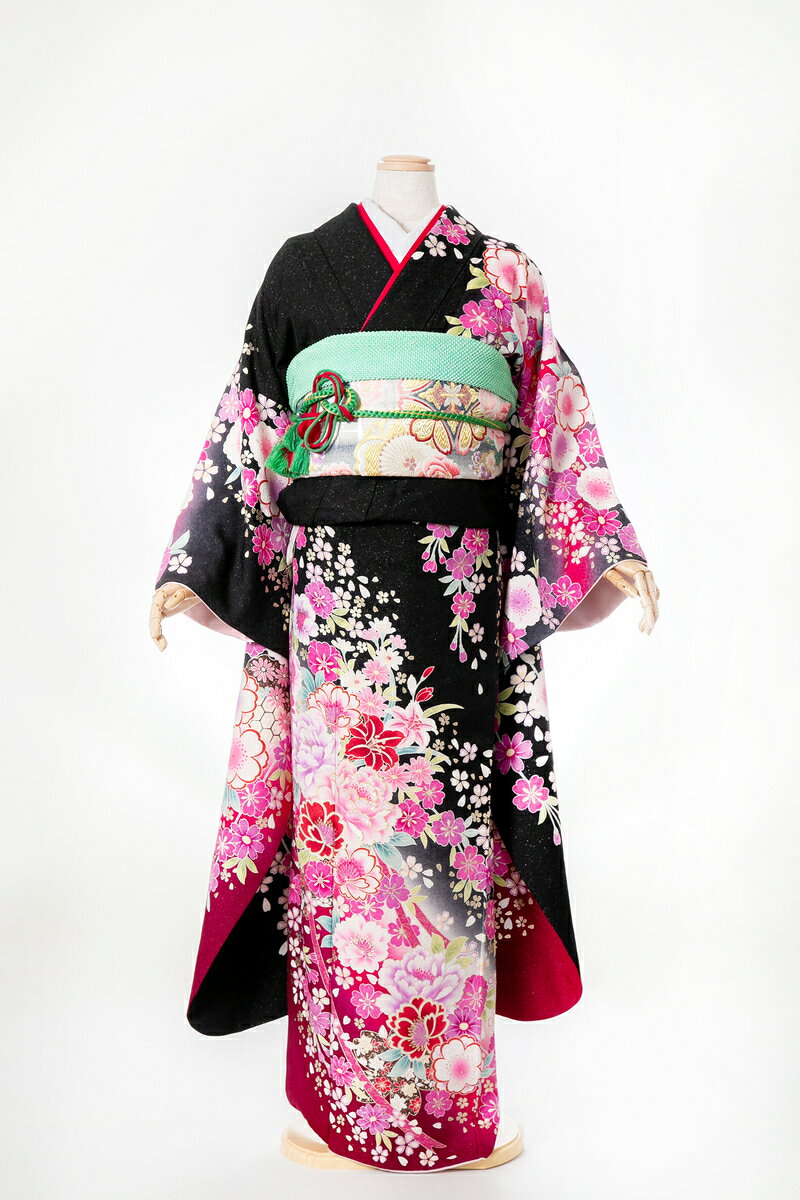 樂天商城 - 振袖 レンタル furi076 黒地ピンク花盛り 黒 ブラック ピンク 振り袖 ふりそで furisode 振袖セット フルセット 往復送料無料 結婚式 披露宴 卒業式 結納 和服 着物 kimono 貸衣装 お呼ばれ パーティ 【2月〜11月レンタル】