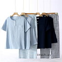 ルームウェア レディース 春 パジャマ 長袖 2点セット 春夏向き ダブルガーゼ 柔らかい tシャツ ロング/ショートパンツ チェック柄 チェック サックス M...