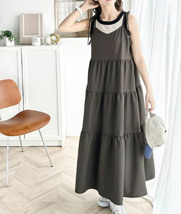 キャミワンピース 体型カバー 大きいサイズワンピース レディース ティアード 春 夏 ティアードワンピース サロペット 薄手 軽い サラサラ ゆったり 無地 マキシワンピース キャミソールワンピース ロング丈 マタニティ オールシーズン 2