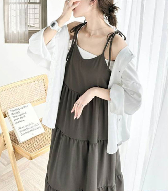キャミワンピース 体型カバー 大きいサイズワンピース レディース ティアード 春 夏 ティアードワンピース サロペット 薄手 軽い サラサラ ゆったり 無地 マキシワンピース キャミソールワンピース ロング丈 マタニティ オールシーズン 3