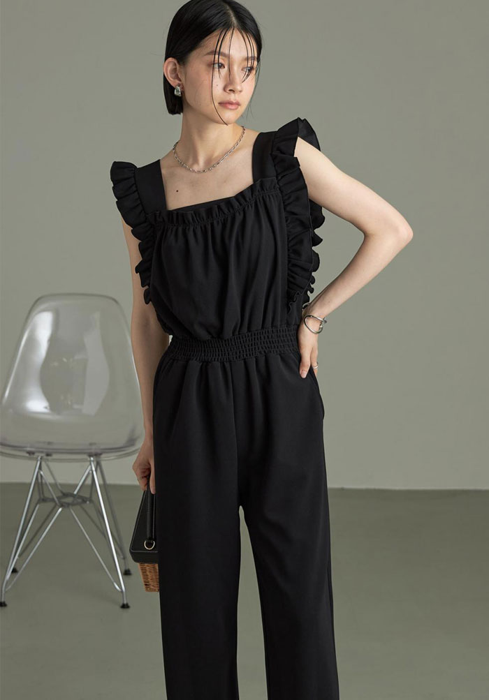 オールインワン サロペット レディース ノースリーブ フリル袖 キャミソール ワイドパンツ きれいめ 大きいサイズ 無地 オーバーオール ロング ワイド シンプル ポケット 楽ちん カジュアル 体型カバー 春夏 きれいめ ゆったり 大人可愛い 送料無料