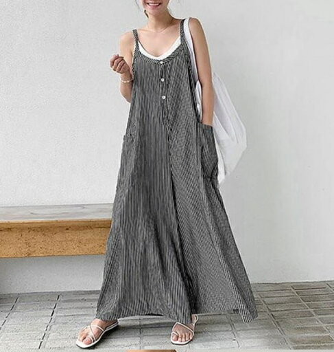 サロペット 綿混紡 コットン ストライプ パンツ ワイドパンツ レディース オールインワン オーバーオール ジャンパー サロペットパンツ オーバーサイズ 大きいサイズ  カジュアル ゆったり 体型カバー 着瘦せ 春夏 20代 30代 40代