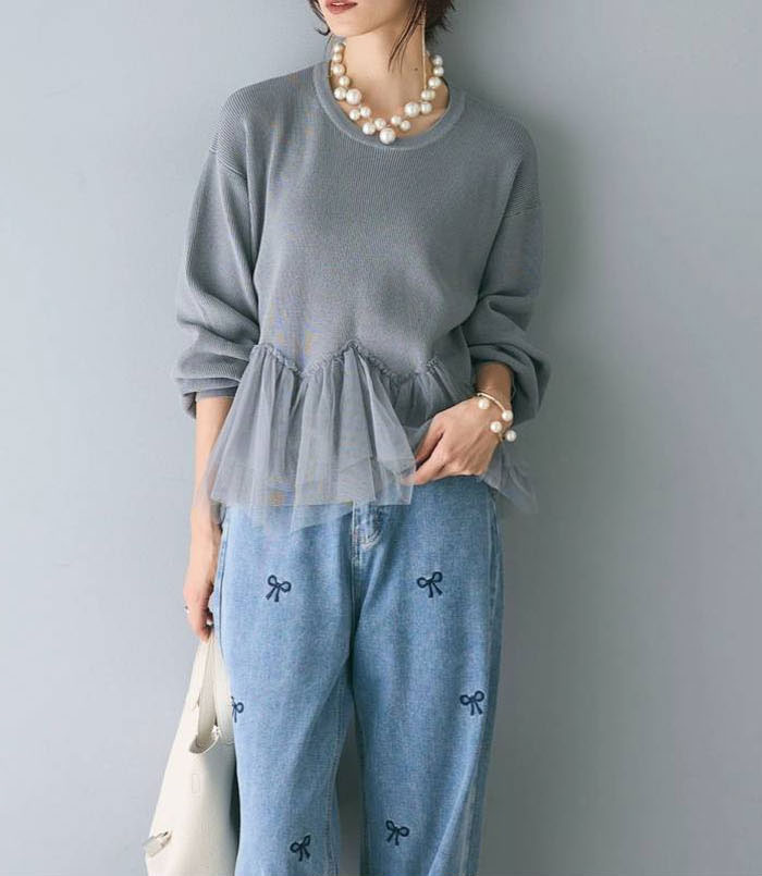 セーター 裾チュール ペプラム ニットトップス カットソー レディース フリル ニットセーター プルオーバー チュール切り替え 秋 冬 春 ゆるニット 長袖 可愛い 無地 シンプル きれいめ フリーサイズ ゆったり 体型カバー 学生 通勤 送料無料 30代 40代 50代