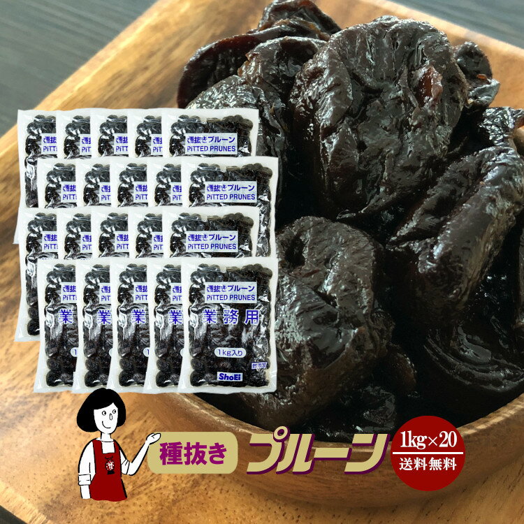 種抜きプルーン 1kg×20袋(計20kg)／保存料無添加 送料無料 砂糖不使用 オイル不使用 業務用 カリフォルニア 高品質 ドライプルーン 肉厚 こわけや