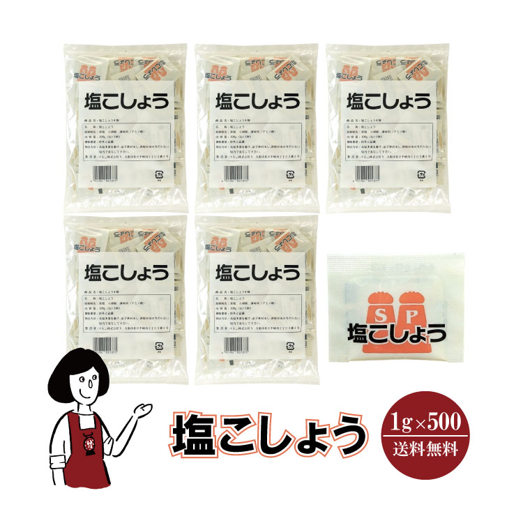 マルニ 塩こしょう　1g×500袋　宅配便 送料無料 小袋 使いきり 調味料 塩 白こしょう 胡椒 アウトドア お弁当 イベント 洋食 肉料理 野菜料理 魚料理 BQQ 小分け テイクアウト こわけや