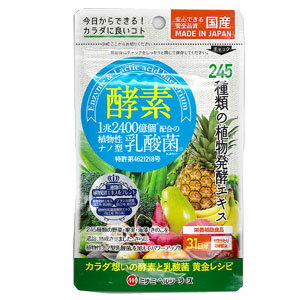 酵素 245種類の野菜・果実・海藻・きのこを濃縮、熟成させた植物発酵エキスに、注目のナノ型乳酸菌を配合しました。 植物発酵エキスは、野菜や大豆、海藻、玄米など多種類の植物性原材料を微生物の酵素活性を利用し、長期の発酵・熟成を経て、製造されます。気温や湿度も考慮した環境下で、まさに自然の力を最大限に引き出して生まれる植物発酵エキスは、健康維持をサポートします。 お召し上がり方 栄養補助食品として、1日当たり2球程度を目安にそのまま水またはぬるま湯と一緒にお召し上がりください。 原材料名 サフラワー油、ゼラチン、植物発酵エキス（デキストリン、甜菜糖、黒砂糖、麦芽糖、よもぎ、ウコン、その他）、 乳酸菌（殺菌）、グリセリン、ミツロウ、グリセリン脂肪酸エステル、（原材料の一部にりんご、大豆、やまいも、 バナナ、ごま、オレンジ、カシューナッツ、キウイフルーツ、ももを含む） 主要成分／1袋当たり 2球(0.92g)当たり エネルギー：5.34kcal、たんぱく質：0.256g、脂質：0.362g、炭水化物：0.264g、ナトリウム：0.71mg、(食塩相当量：0.0018g) 【主要成分／2球当たり】 乳酸菌　400億個 内容量 460mg（内容量300mg）×62球　（約31日分） 販売者 ミナミヘルシーフーズ株式会社 お客様相談室：0120-373-631 区分 植物発酵エキス含有食品／日本製 広告文責：ヘルスケアコヤマ　029-302-2920 ※リニューアル、発売終了などの場合が ございます。予めご了承くださいませ。 ※この商品はゆうメールです。必ずお読みくださいませ。 ゆうメール発送の場合、代引きはご利用いただけません。何卒ご理解の程お願いを申し上げます。 ゆうメール発送の場合、商品のお届けはお客様宅郵便受けが最終引渡しとなりますのでご理解のほどお願い申し上げます。また、配送日、お時間の指定ができませんのでご了承 くださいませ。 お客様方郵便受けが、外の場合、盗難の恐れがございますのでゆうメールはご利用にならないでください。 配達完了後の補償はできかねます。 ゆうメールの場合、商品の到着には、 2〜5日程度のお時間がかかります。