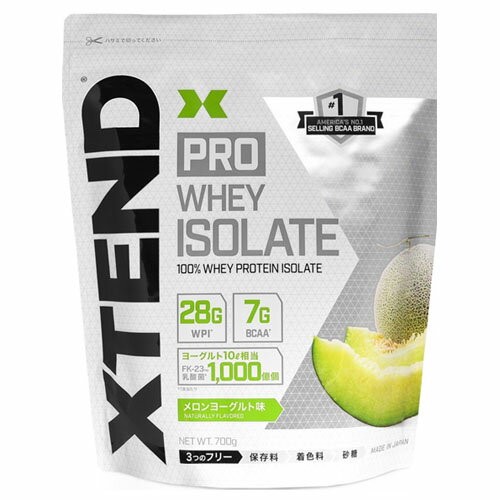 XTEND PRO WHEY ISOLATE 　メロンヨーグルト味 CFM製法WPIはタンパク質含量が高いだけでなく、高機能性生理活性ペプチド「グリコマクロペプチド（GMP）」豊富に含有。さらに、34g当たりヨーグルト10ℓ分の乳酸菌FK-23を1000億個配合で菌活にも最適。腸内環境の向上で健康を維持します。味は日本オリジナルのメロン味。ジュースのようにとてもおいしく飲める機能性の高いプロテイン。ハードなトレニーから減量中の女性まで幅広い方におすすめです。 お召し上がり方使用方法 付属スプーン3杯を約200mlの水または牛乳と混ぜてお飲みください。 原材料名 乳清たんぱく（乳成分を含む）（アメリカ製造）、乳酸菌／香料、L‐ロイシン、 酸味料（クエン酸）、L‐イソロイシン、L-バリン、植物レシチン（大豆由来） 甘味料（スクラロース、アセスルファムK） 摂取上の注意 ・開封後はお早めにお召し上がりください。 ・体調や体質により身体に合わない場合は使用を中止してください。 ・小児の手の届かないところに置いてください。 ・妊娠・授乳中の方、治療を受けている方、お薬を服用中の方は医師にご相談ください。 ・食物アレルギーのある方は原材料名をご確認ください。 ・食生活は、主食、主菜、副菜を基本に、食事のバランスを。 販売者 アダプトゲン製薬株式会社 岐阜県多治見市上山町1丁目90番1 0572-56-1111" 区分 たんぱく加工食品 広告文責：ヘルスケアコヤマ　029-302-2920※リニューアル、発売終了、成分変更、規格変更などの場合がございます。予めご了承くださいませ。　