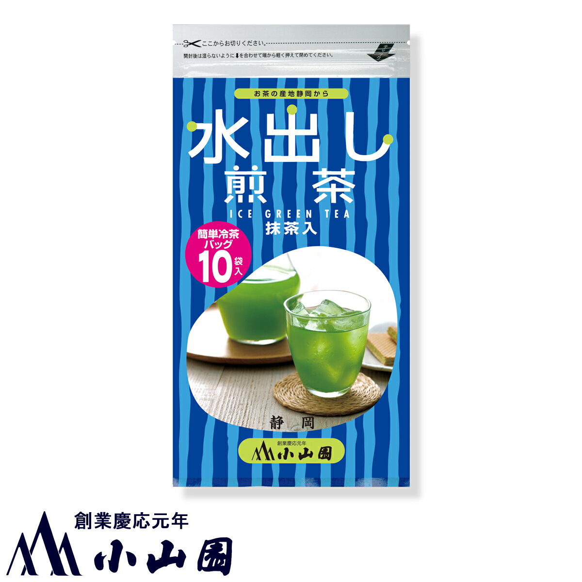 ■水出し煎茶ティーバッグ 5g×10ヶ 袋入 ■袋の外寸： 約230mm×115mm ■賞味期限： 製造日より180日 ■保存方法： 常温 (冷暗所) ■原材料名： 緑茶 (国産)・抹茶 (国産) ■販売会社： 株式会社 小山園茶舗 (静岡県静岡市葵区呉服町2-8-18) ■当店の水出し煎茶は、選りすぐりの茶葉を水出し煎茶用に特別に細断して仕上げた、煎茶問屋併営の当店ならではの本格的なティーバッグです。 ■冷たい水で「冷茶」としても、熱いお湯で「深むし茶」としてもお召上がり頂くことが出来ます。 ■開封後は密封の上、冷蔵庫等の冷暗所にて保管をお願い致します。 ★【お徳用】100ヶ入で送料無料のお買い得品は⇒ こちら ★【特集】小山園の夏のお茶各種⇒ こちら ◆自分やご家族様へ： 自分用・ご家族用またはのし紙を用いないちょっとしたプチギフト向きの商品です。 自家消費用 来客 ご自宅用 ご家庭用 普段用 オフィス用 職場用 贅沢 おすすめ 人気 ・個別の包装または（複数の商品と）まとめての包装が出来ない商品もございます。 ・こちらの商品は、のし紙には対応致しません。ひんやりお手軽な、水出し煎茶のティーパックです♪ ■ お茶の小山園の水出し煎茶は、当店併営の製茶問屋が選りすぐった茶葉を、お湯を使わずともティーパックのままで美味しく出せるように特別に「細断」し、さらに厳選した抹茶をまぶして仕上げた、お茶屋ならではの本格的なティーパックです。 ■ 今年の夏は、甘くて後味がほんのり香る、お茶の小山園の水出し煎茶でひんやり爽やかにお過ごし下さい。 ■ こちらの商品につきましては、ティーバッグ100ヶ入の【お徳用】も用意してございます。ワンシーズン分まとめてのお買上げや、オフィス等で大量にご利用のご予定がある場合は、こちらの【お徳用】もご検討下さいますよう、お願い申し上げます。