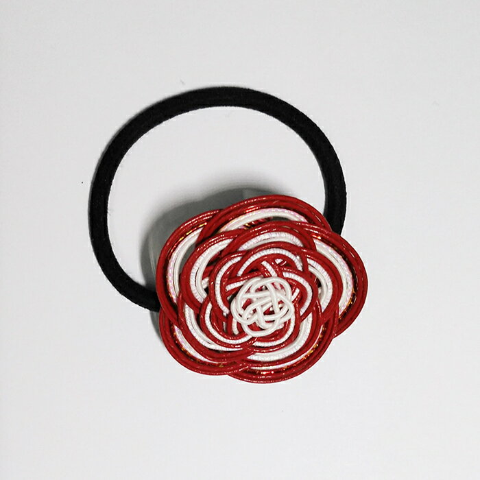 ヘアーゴム　水引飾り　色水引き赤白　　　髪飾り　水引アクセサリー