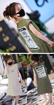 韓国子供服 キッズ ワンピース 女の子 BIGサイズ ラベルBOXロゴ ノースリーブ 半袖ワンピース オーバーサイズ ルーズ ゆったり 子供服 袖なし ロング丈 ひざ下丈 ガールズ ファッション 小学生 ジュニア 韓国 子供 服 こども服 子ども服 110cm 120cm 130cm 140cm 150cm 160cm