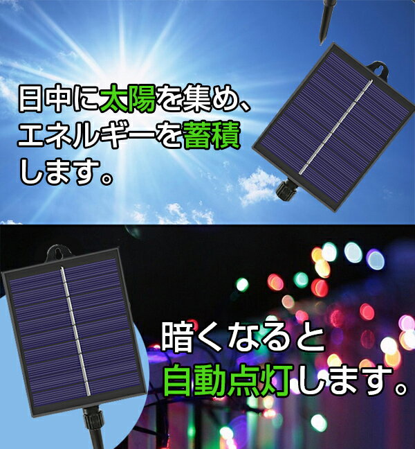 【電気代0円】イルミネーションライト ストレート ストリングライト ソーラー充電式 LED 200球 20m 8パターン 大容量バッテリー 大型ソーラーパネル デコライト 屋外 自動点灯 光センサー コントローラー付き 自動ON OFF クリスマス クリスマスツリー 電飾 3