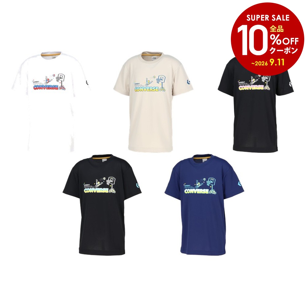 ホワイト(1100) アイボリー(1200) ブラック×ホワイト(1911) ブラック×ターコイズ(1924) C.ネイビー(2800) メーカー希望小売価格はメーカーカタログに基づいて掲載しています。 ポップなバスケットボールのグラフィックのジュニアTシャツ。柔らかな肌触りに吸汗速乾を兼ね揃えたスポーツ向けアイテム。 商品説明 素材・材質：ポリエステル100%機能：吸汗・速乾、UV原産国：中国 コンバース CONVERSE バスケット ウェア バスケットウェア Jr.プリントTシャツ 2026SS 2026新製品