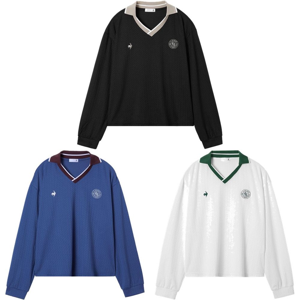 ブラック(BK00) ブルー(BL00) ホワイト(WH00) メーカー希望小売価格はメーカーカタログに基づいて掲載しています。 細めのケーブル編みのデザインが上品なトラッド感を演出する衿つきロングスリーブシャツ。襟に仕様したリブテープもデザインポイント。1882年フランス生まれのスポーツブランド、ルコックスポルティフ。140年以上の歴史の中で、昔も今もスポーツを共に楽しむ人々が集まるクラブチームをテーマとした、le club de LCSシリーズ。ブランドの象徴的なスポーツの一つである(テニス)からインスパイアされたデザインコレクション。薄過ぎず厚過ぎない肉感のブランドらしい柔らかい風合いのジャガード素材を採用。シルエット/ほど良くゆったりしたシルエットのセットイン長袖シャツ。スポーツシーンにも日常にもおすすめ。 商品説明 素材・材質：本体/ポリエステル91%・ポリウレタン9%、衿/ポリエステル98%・ポリウレタン2%機能：吸汗速乾、ストレッチ、UV CUT(UPF30)原産国：中国 ルコック le coq sportif カジュアル ウェア カジュアルウェア ジャガード長袖Tシャツ 2025FW 　サイズ表はこちら
