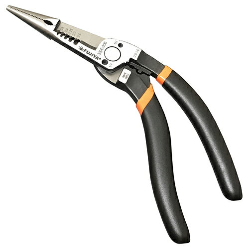 【用途】圧着・ストリップ・配線カット・ボルトカット作業。【機能】ストリッパー付きで作業がラクラクできます。入り組んだ場所でも握りやすく作業がしやすいエルゴグリップを採用しています。【仕様】●サイズ：200mm。●重量：202g。●ストリップ対応サイズ：0.5/0.9/1.3/2.0/3.5mm2。●圧着機能：(裸・絶縁端子)0.5〜5.5mm2。●ボルトカット機能：M4/M5。