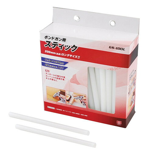 全長200mmロングサイズのボンドガンスティックです。【用途】木材・紙・布・皮革・プラスチック等の接着、充填。【機能】ボンドガン用の替えスティックです。　　　　木工製品の修理、靴の修理、リース作り、アートフラワー・手芸等に最適です。●サイズ:径11.5mmx200mm。●2kg入り。●カラー:クリア。●適合機種:GM-1200・GM-150。●消防法:危険物該非/非該当。