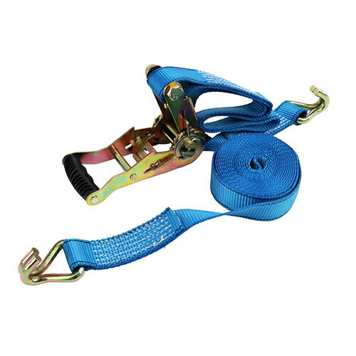 ラチェットバックル式でしっかりと確実な荷締作業ができます。■用途荷物運搬時、荷崩れ防止・転倒防止の結束・固定。■機能握りやすいワイドハンドル、また、ハンドル操作時に手の当たりが優しいラバー素材付きハンドルを採用しています。●ベルト幅:38mm。●全長:5m(固定側1m/調整側4m)。●最大使用力:4kN(407kg)、破断荷重:16kN(1630kg)。●バックルの種類:ラチェットバックル。●端末の仕様:ナローフック。●ベルトカラー:ブルー。