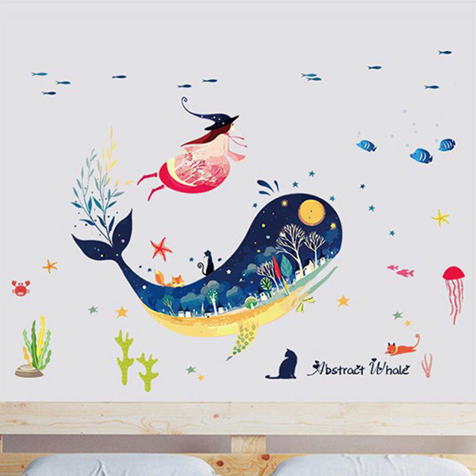 ウォールステッカー 海 動物 魚 くじら 海中 貼ってはがせる ステッカー [くじらと少女] かわいい リビング 子供部屋 プレイルーム 保育園 水中散歩 大人かわいい 宅C