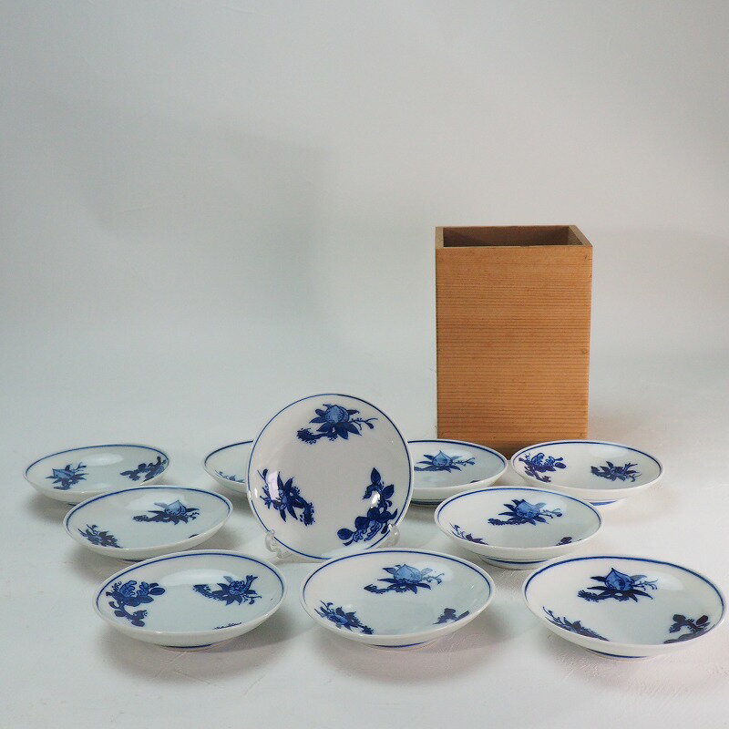 柘榴文様 豆皿 銘々皿 10枚セット 0019京焼 染付 磁器 食器 会席 料理 菓子皿 食器【中古】 古美術 骨..