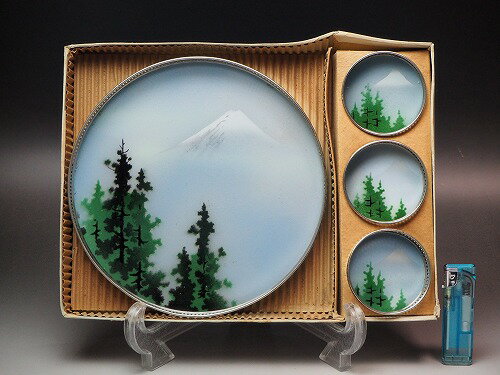 0167 富士山文様トレイ＆コースターセット昭和/ガラス/雑貨/コップ/【中古】ビンテージ/古民家/古民具/アンティーク/