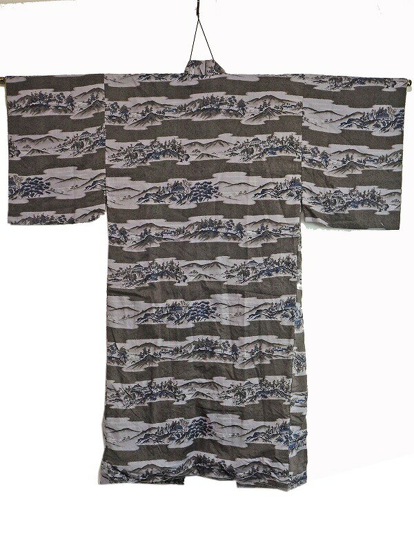 山寺の風景文様 男性襦袢 0017 "Juban" 0017 Landscape pattern of mountain temple Japanese vintage kimono underweaメリンス 古布 古裂 着物 男性着物