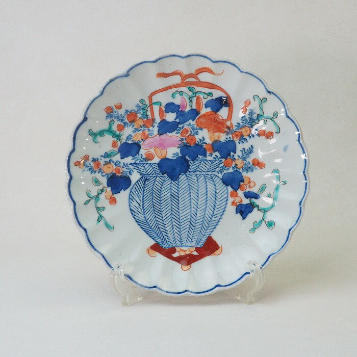 花籠文様 七寸皿　輪花　0392明治時代 染付 手描き日本料理 食器 酒器骨董 アンティーク【中古】Hirado..