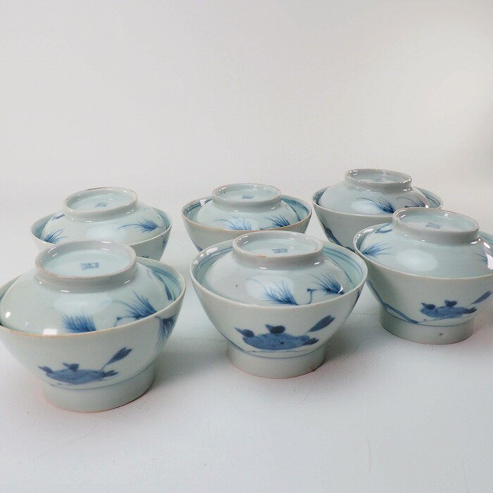 松葉に牡丹文様　飯碗 蓋付き 茶碗 6個組　0329伊万里 染付 手描き 江戸時代陶磁器 食器【中古】 骨董 ..