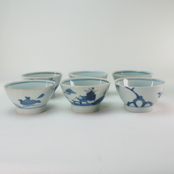 2種類 6客組 松葉に牡丹文様+船頭に舟と舟小屋文様　飯碗 蓋なし 茶碗　0330伊万里 染付 手描き 江戸時..