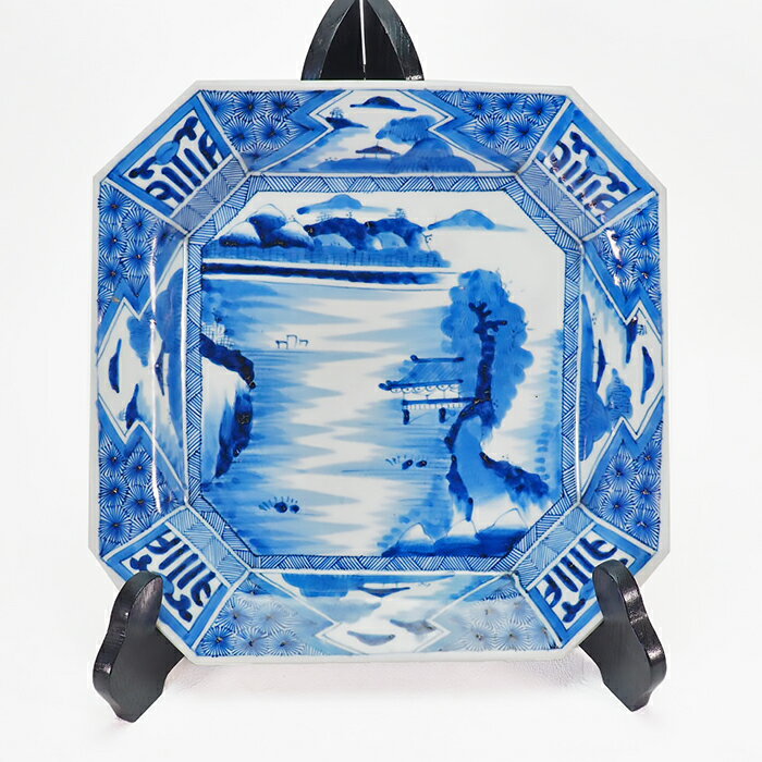 楼閣山水文様 八角大皿 0258 明治時代 伊万里 染付 手描き 大皿骨董 アンティーク 瀬戸物 陶磁器料理 ..