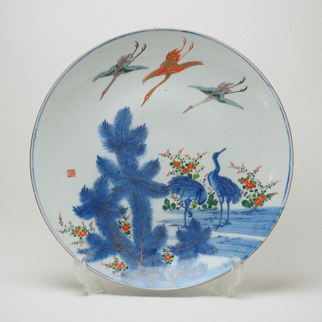 松に鶴文様 大皿 0270明治時代 伊万里 染付 手描き瀬戸物 陶磁器 盛皿 料理 器 飾り皿【中古】骨董 ア..