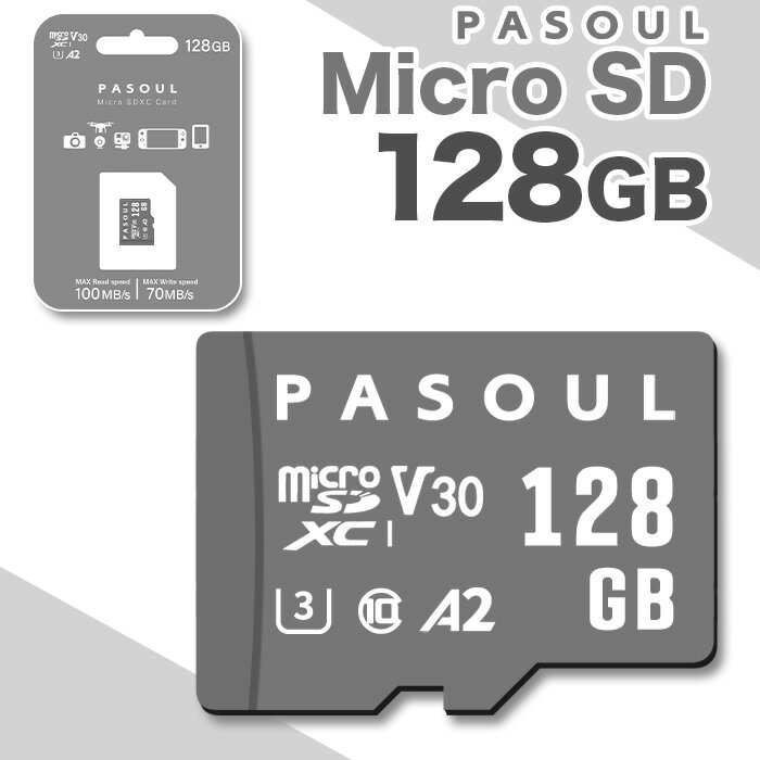 【新品】Pasoul microSDXCカード 128GB 高性能 マイクロSDカード UHS-I U3 V30 A2 規格 4K Ultra HD 対応 最大速度100MB/s Class10 防水 耐衝撃 耐低温/耐高温 耐X線【DPN3】のサムネイル
