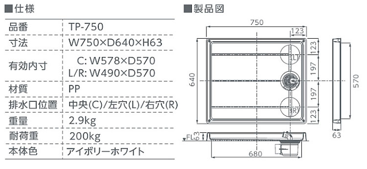 【TECHNOTECH】テクノテック　洗濯機用　スタンダード防水パン　TP750-CW1　排水口中央　アイボリーホワイト　W750×D640×H63 耐荷重：200kg 送料無料 メーカー直送品 2