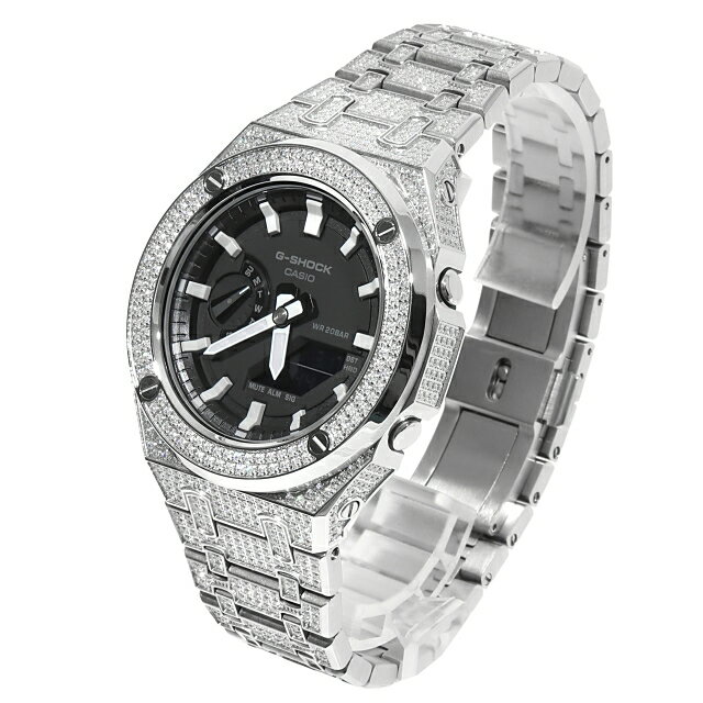 G-SHOCK GA2100 メタル 全面CZジルコニアカスタム カシオーク シルバー ステンレス製 ブラックダイヤル