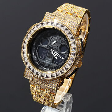 G-SHOCK カスタム GA100 フルカスタム Gショック ゴールド文字盤 バケットカット 大粒CZダイヤ(キュービックジルコニア)18Kゴールド Kronic クロニック 時計 プレゼント クリスマス メンズ ギフト お祝い 誕生日【未使用品】【中古】【保証付】※動画あり