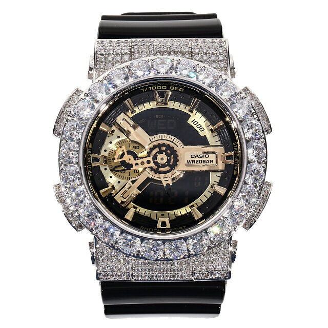 G-SHOCK カスタム ゴールド文字盤 x ホワイトゴールドベゼル GA110 カスタム大粒CZ Gショック CZダイヤベゼル(キュービックジルコニア)時計 プレゼントお祝い 誕生日【未使用品】【中古】【保証付】