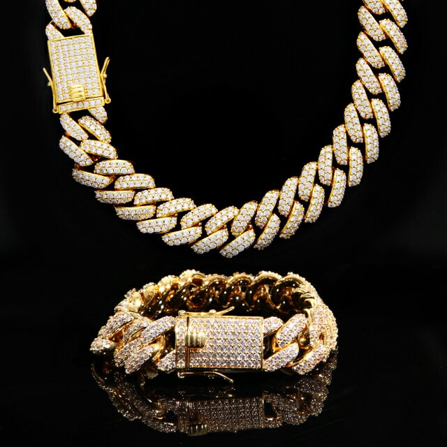 マイアミキューバンチェーン 【超極太】【幅18mm x45cm】ネックレス＋ブレスレット セット USラッパー フルダイヤ MIAMI CUBAN CHAIN 18K GOLD Kronic クロニック ギフト プレゼント 時計 メンズ レディース お祝い 誕生日【保証付】