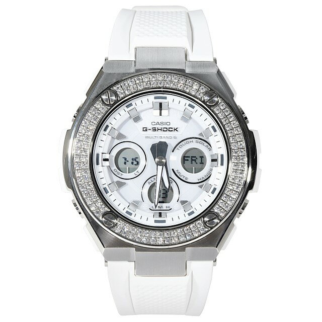 G-SHOCK GST w310 ホワイト 2連CZダイヤ（キュービックジルコニア）Gスチール 白 カスタムベゼル 18K WHITEGOLD Kronic クロニック　時計 プレゼント クリスマス　メンズ ギフト お祝い 誕生日【未使用品】【中古】【保証付き】※動画あり