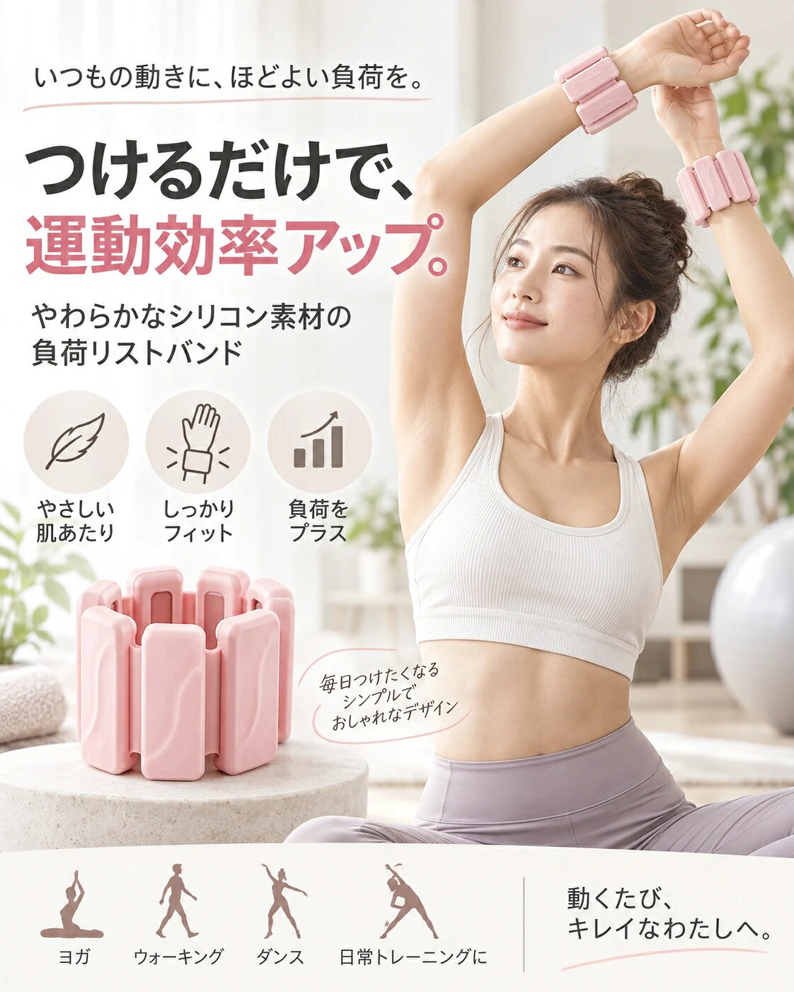 リストウェイト シリコン 2個セット 2個0.5kg 1.0kg 1.5kg 重さ調整 内蔵ウェイト 負荷リストバンド パワーリスト 手首 ながら運動 ヨガ ウォーキング ダンス 宅トレ 水洗い ピンク ラベンダー グレー