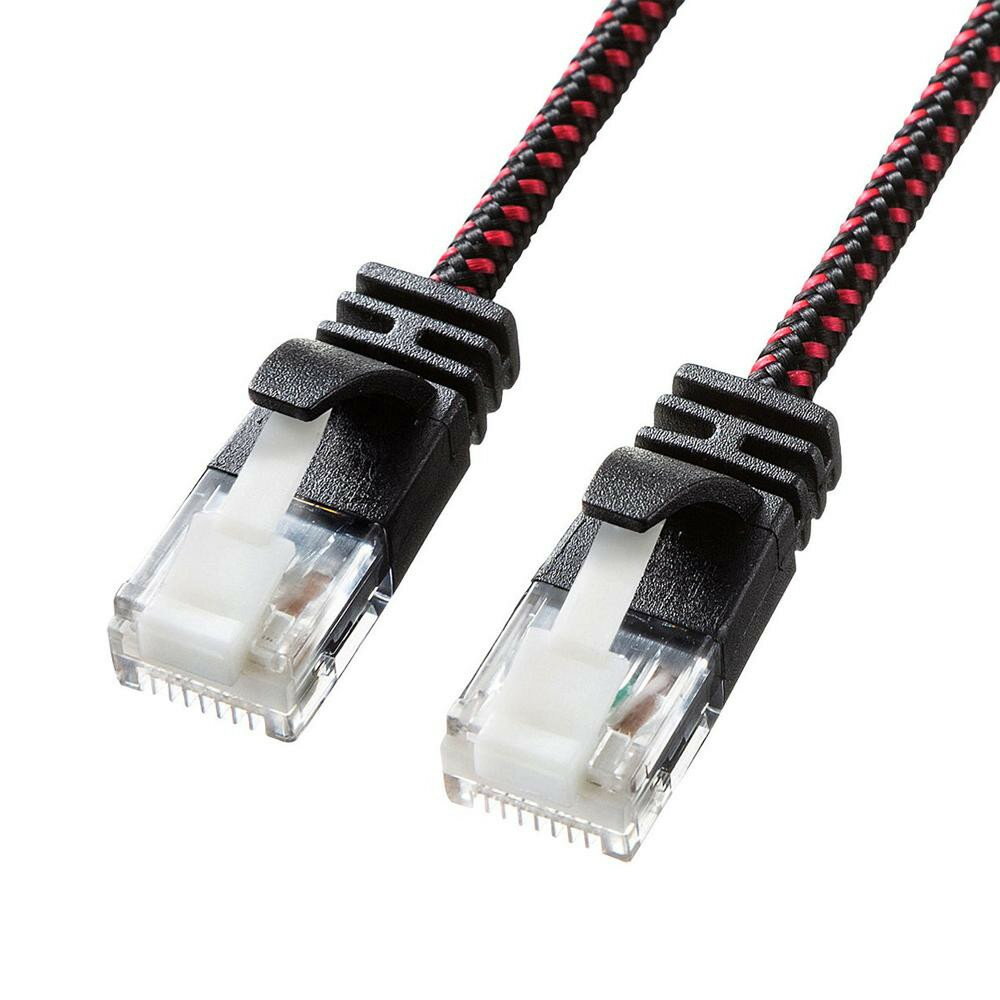 サンワサプライ つめ折れ防止カテゴリ6A細径メッシュLANケーブル (ブラック&レッド・2m) KB-T6AME-02BKR