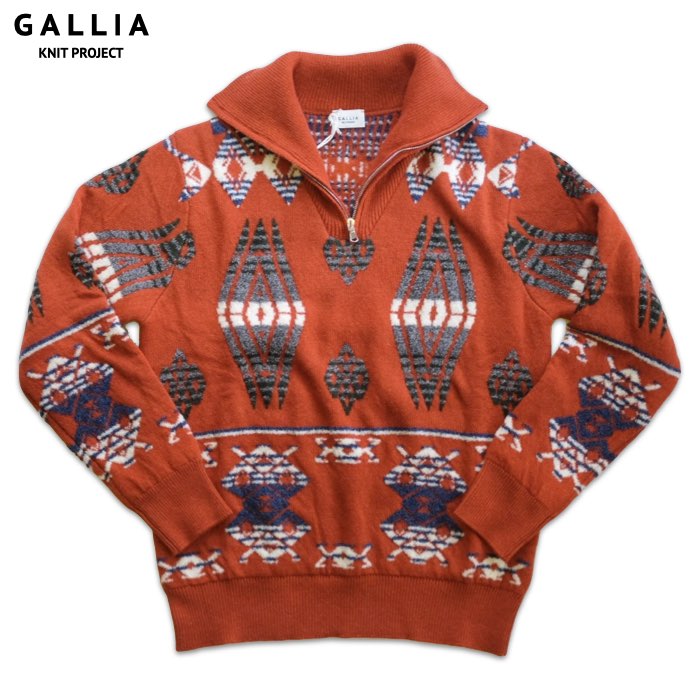 GALLIA KNIT PROJECT ガッリア ニットプロジェクト メンズ ネイティブ柄 ハーフジップハイネックニット..
