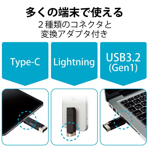 エレコム USBメモリ USB3.2(Gen1) 3in1 MF-LGU3B256GBK ブラック　容量：256GB 3