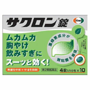 胃のムカムカや胸やけは、胃酸が出過ぎることで起こることがあります。また、過度な飲酒によりアルコールが胃粘膜自体を直接刺激することも原因となります。 サクロン錠は、出過ぎた胃酸の働きを弱め（中和）、分泌を抑制し、荒れた胃粘膜を葉緑素から作られた緑の成分で修復・保護します。 ムカムカ・胸やけ・飲みすぎに。サクロン錠はスーッと飲めば、スーッと効きます。 【使用上の注意】してはいけないこと 〔守らないと現在の症状が悪化したり、副作用が起こりやすくなる〕 1.本剤を服用している間は、次の医薬品を服用しないでください。 ?胃腸鎮痛鎮痙薬 2.授乳中の人は本剤を服用しないか、本剤を服用する場合は授乳を避けてください。 （母乳に移行して乳児の脈が速くなることがあります。） 相談すること 1.次の人は服用前に医師、薬剤師又は登録販売者に相談してください。 ?医師の治療を受けている人 ?妊婦又は妊娠していると思われる人 ?高齢者 ?薬などによりアレルギー症状を起こしたことがある人 ?次の症状のある人・・・排尿困難 ?次の診断を受けた人・・・腎臓病、心臓病、緑内障、甲状腺機能障害 2.服用後、次の症状があらわれた場合は副作用の可能性があるので、直ちに服用を中止し、この説明書を持って医師、薬剤師又は登録販売者に相談してください。 関係部位 症状 皮膚 発疹・発赤、かゆみ 3.服用後、次の症状があらわれることがあるので、このような症状の持続又は増強が見られた場合には、服用を中止し、この説明書を持って医師、薬剤師又は登録販売者に相談してください。 ?口のかわき、便秘、下痢 4.2週間位服用しても症状がよくならない場合は服用を中止し、この説明書を持って医師、薬剤師又は登録販売者に相談してください。 その他の注意 母乳が出にくくなることがあります。 【成分・分量】成人1日量12錠中に次の成分を含みます。 成分 含量 働き 銅クロロフィリンカリウム 120mg 荒れた胃の粘膜を修復・保護します。 無水リン酸水素カルシウム 1,020mg 出過ぎた胃酸を直接中和します。 沈降炭酸カルシウム 1,020mg 水酸化マグネシウム 960mg ロートエキス 30mg 胃酸の分泌を抑え、痛みを止めます。 【添加物】トウモロコシデンプン、ヒドロキシプロピルセルロース、l-メントール、香料、塩化K、ケイヒ、ステアリン酸Mg、ポビドン 【効能・効果】胸やけ、飲みすぎ、胃痛、胃酸過多、胃もたれ、胃部不快感、胃部膨満感、胃重、 胸つかえ、げっぷ、はきけ（むかつき、胃のむかつき、二日酔・悪酔のむかつき、嘔気、悪心）、嘔吐 【用法・容量】次の量を食間および就寝前の空腹時に水またはお湯で服用してください。 年齢 1回量 服用回数 成人（15歳以上） 4錠 1日3回 8歳以上15歳未満 2錠 8歳未満 服用しないこと ＊食間とは、食後2時間ほど経過し、胃の中に食べた物がほぼなくなっている時です。 【用法・容量関連注意】小児（8歳以上15歳未満）に服用させる場合には、保護者の指導監督のもとに服用させてください。 【保管及び取扱い上の注意】?直射日光の当たらない湿気の少ない涼しい所に保管してください。 ・小児の手の届かない所に保管してください。 ・他の容器に入れ替えないでください。また、本容器内に他の薬剤等を入れないでください。（誤用の原因になったり品質が変わります。） ・4錠入り分包は、次のことに注意してください。 分包を分割した残りを服用する時は、袋の口を折り返して保管し、2日をすぎた場合には服用しないでください。 ・96錠包装は、次のことに注意してください。 （1）容器内の詰め物は、輸送中の錠剤破損防止用です。容器のキャップを開けた後は捨ててください。また容器は密栓して保管してください。 （2）使用期限内であっても一度容器のキャップを開けた後は、品質保持の点から6ヵ月以内を目安に使用してください。箱の内ブタの「開封年月日」欄に、開封日を記入してください。 ?使用期限をすぎた製品は使用しないでください。 【問い合わせ先】●お買い求めのお店 ●エーザイ「お客様ホットライン室」（フリーダイヤル70120−161−454） 受付時間　平日9：00〜18：00（土、日、祝日9：00〜17：00）【広告文責】株式会社　ヤマダデンキ　03-5280-5300【文責】登録販売者　渡辺 裕孝【製造発売元】エーザイ株式会社 東京都文京区小石川4−6−10【リスク区分】【第2類医薬品】【使用期限】使用期限まで1年以上あるものをお送りします。【購入制限のある商品について】お一人様○点までと記載のある商品につきましては、・同一名義のご購入・同一住所・同一世帯でのご購入・同一住所への配送の場合上記に該当し、複数件数のご注文が判明しました場合、キャンセルさせていただく場合がございます。予めご了承ください。