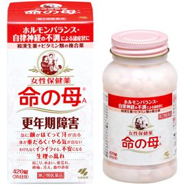 【薬効分類】 婦人薬 【製品名】 女性保健薬　命の母A 【使用上の注意】 してはいけないこと（守らないと現在の症状が悪化したり、副作用が起こりやすくなる） 授乳中の人は本剤を服用しないか、本剤を服用する場合は授乳を避けること 【相談すること】 1．次の人は服用前に医師または薬剤師の相談すること (1) 医師の治療を受けている人 (2) 妊婦または妊娠していると思われる人 (3) 本人または家族がアレルギー体質の人 (4) 薬によりアレルギー症状を起こしたことがある人 (5) 体の虚弱な人(体力の衰えている人、体の弱い人) (6) 胃腸が弱く下痢しやすい人 2．次の場合は、直ちに服用を中止し、製品の添付文書を持って医師または薬剤師に相談すること （1）服用後、次の症状があらわれた場合 関係部位/症状 皮ふ/発疹・発赤、かゆみ 消化器/胃部不快感、食欲不振、悪心※・嘔吐、激しい腹痛を伴う下痢、腹痛 ※「悪心」とは、胸がムカムカして、はきけをもよおすことです (2) しばらく服用しても症状がよくならない場合 3．生理が予定より早くきたり、経血量がやや多くなったりすることがある。出血が長く続く場合は、医師または薬剤師に相談すること 4．次の症状があらわれることがあるので、このような症状の継続または増強が見られた場合には、服用を中止し、医師または薬剤師に相談すること ・便秘 ・下痢 【効能・効果】 更年期障害、更年期神経症、血の道症、のぼせ、生理不順、生理異常、生理痛、肩こり、冷え症、肌あれ、めまい、耳鳴り、動悸、貧血、にきび、便秘、ヒステリー、帯下、産前産後、下腹腰痛、血圧異常、頭痛、頭重 【用法・用量】 成人(15歳以上)1回4錠を1日3回、毎食後服用してください。 【成分分量】 12錠中 成分/分量 ダイオウ末/175mg カノコソウ末/207mg ケイヒ末/170mg センキュウ末/100mg ソウジュツ末/100mg シャクヤク末/300mg ブクリョウ末/175mg トウキ末/300mg コウブシ末/50mg ゴシュユ/40mg ハンゲ/75mg ニンジン/40mg コウカ/50mg チアミン塩化物塩酸塩/5mg リボフラビン/1mg ピリドキシン塩酸塩/0.5mg シアノコバラミン/1μg パントテン酸カルシウム/5mg 葉酸/0.5mg アミノエチルスルホン酸(タウリン)/90mg dl-α-トコフェロールコハク酸エステル/5mg パールカルク/10mg ビオチン/1μg ソーヤレシチン/10mg 【添加物】 ケイ酸Al、ステアリン酸マグネシウム、セラック、タルク、炭酸カルシウム、酸化チタン、バレイショデンプン、ゼラチン、白糖、エリスロシン、ニューコクシン、サンセットイエローFCF、ミツロウ、カルナウバロウ 【製造販売会社】 小林製薬（株） 〒567-0057　大阪府茨木市豊川1-30-3 【剤形】 錠剤 【リスク区分】 第2類医薬品 【広告文責】 株式会社　ヤマダデンキ　03-5280-5300 【文責】 登録販売者　渡辺 裕孝 【使用期限】使用期限まで1年以上あるものをお送りします。【購入制限のある商品について】お一人様○点までと記載のある商品につきましては、・同一名義のご購入・同一住所・同一世帯でのご購入・同一住所への配送の場合上記に該当し、複数件数のご注文が判明しました場合、キャンセルさせていただく場合がございます。予めご了承ください。