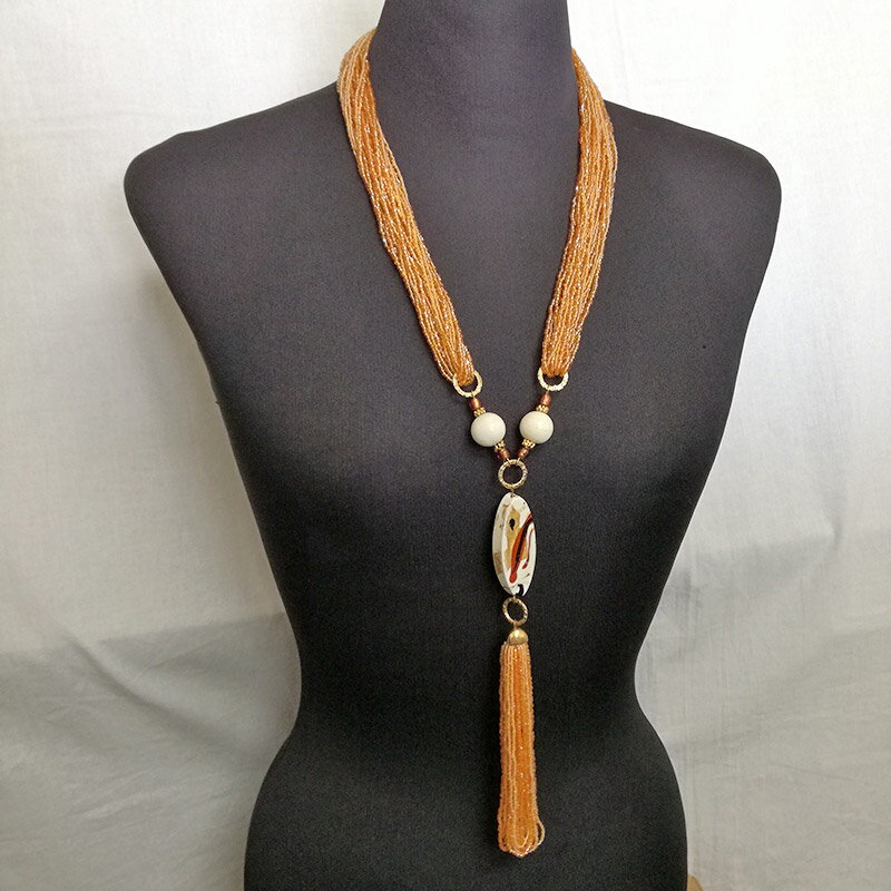 ヴェネチアングラス ビーズ ネックレス/古風/パーティー用/ふさ/ガラス/ベークライト ペンダント トップ/平置き49cm/ヒモ約25cm/オレンジ/白/ベージュ/イタリア/アクセサリー/ムラーノ