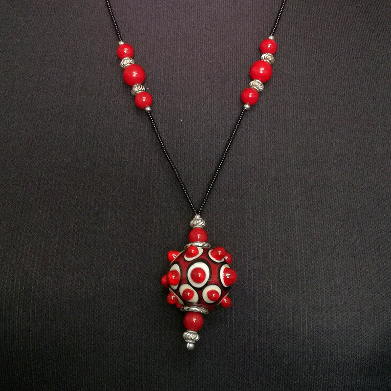 淡水珍珠 - ヴェネチアングラス ペンダント ネックレス 赤/パーティー用/ガラス/平置き31cm/イタリア/アクセサリー/ムラーノ トゲトゲボール
