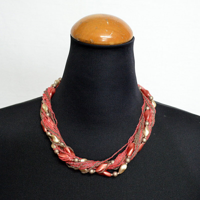 Red Coral - ヴェネチアングラス ネックレス ビーズ 横置き約22cm/アクセサリー/ レッド・ゴールド
