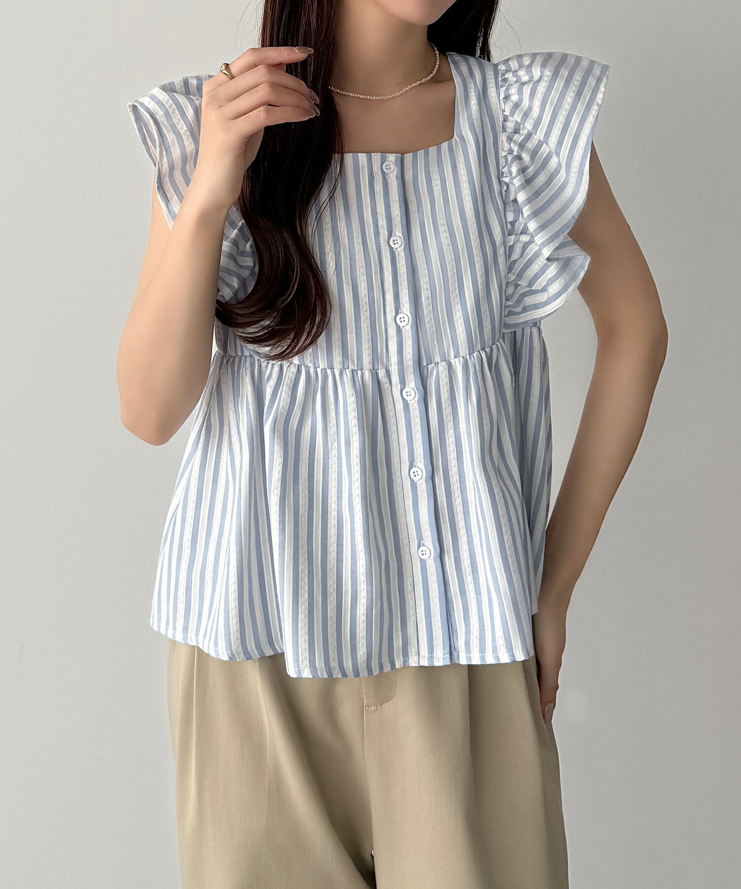 callautia 【選べる】フリルノースリーブフラウス（リネン混／ギンガムチェック／ストライプ）